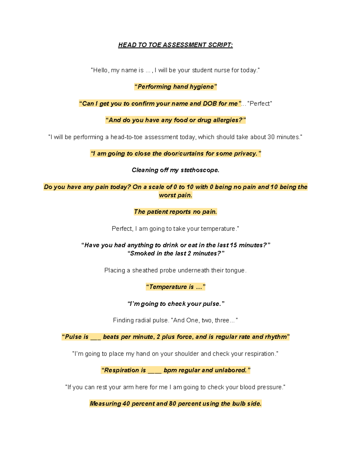 Head to Toe Assessment Script - HEAD TO TOE ASSESSMENT SCRIPT: “Hello ...