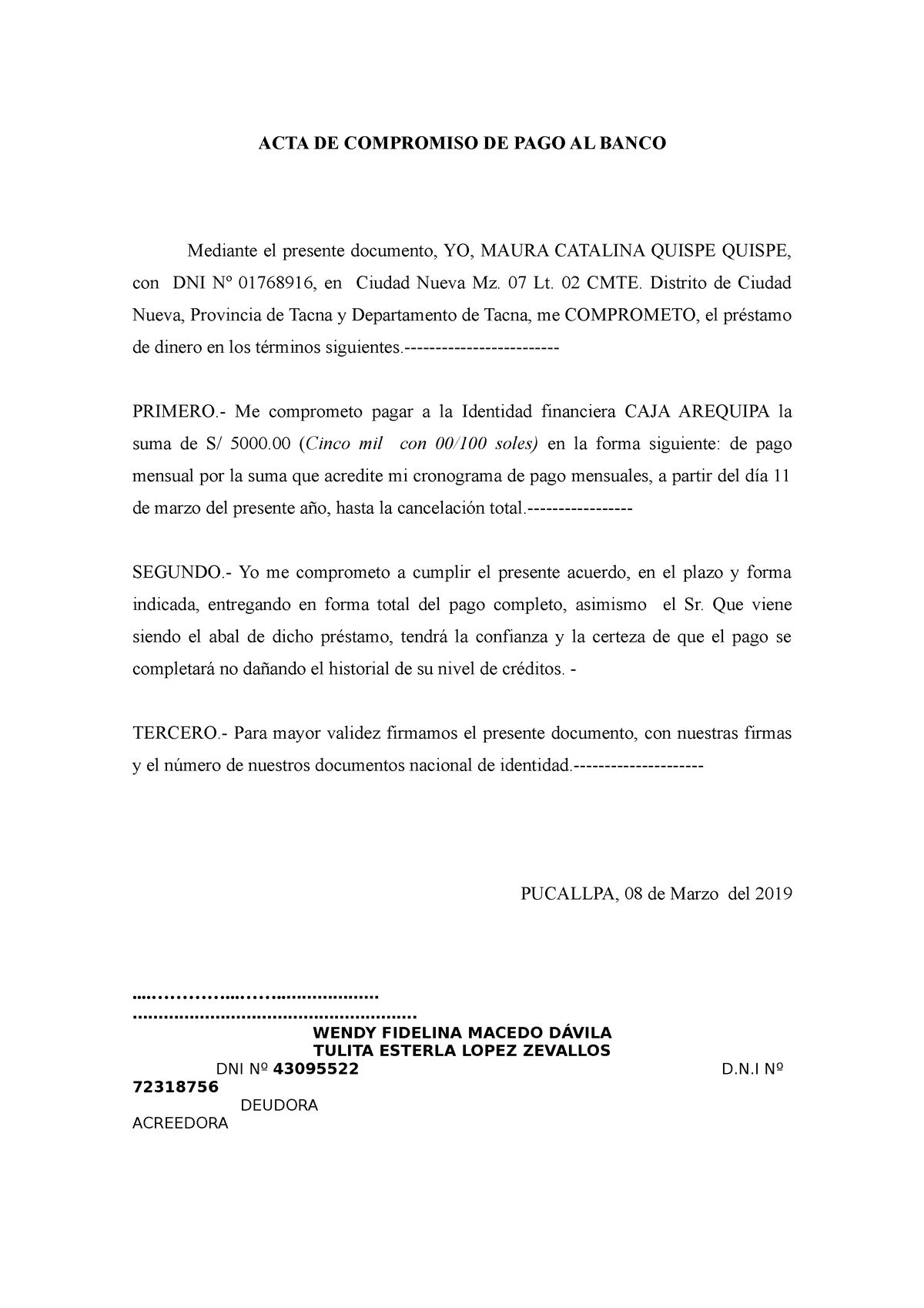 Acta De Compromiso De Pago En Proceso Acta De Compromiso De Pago Al Banco Mediante El Presente 4005