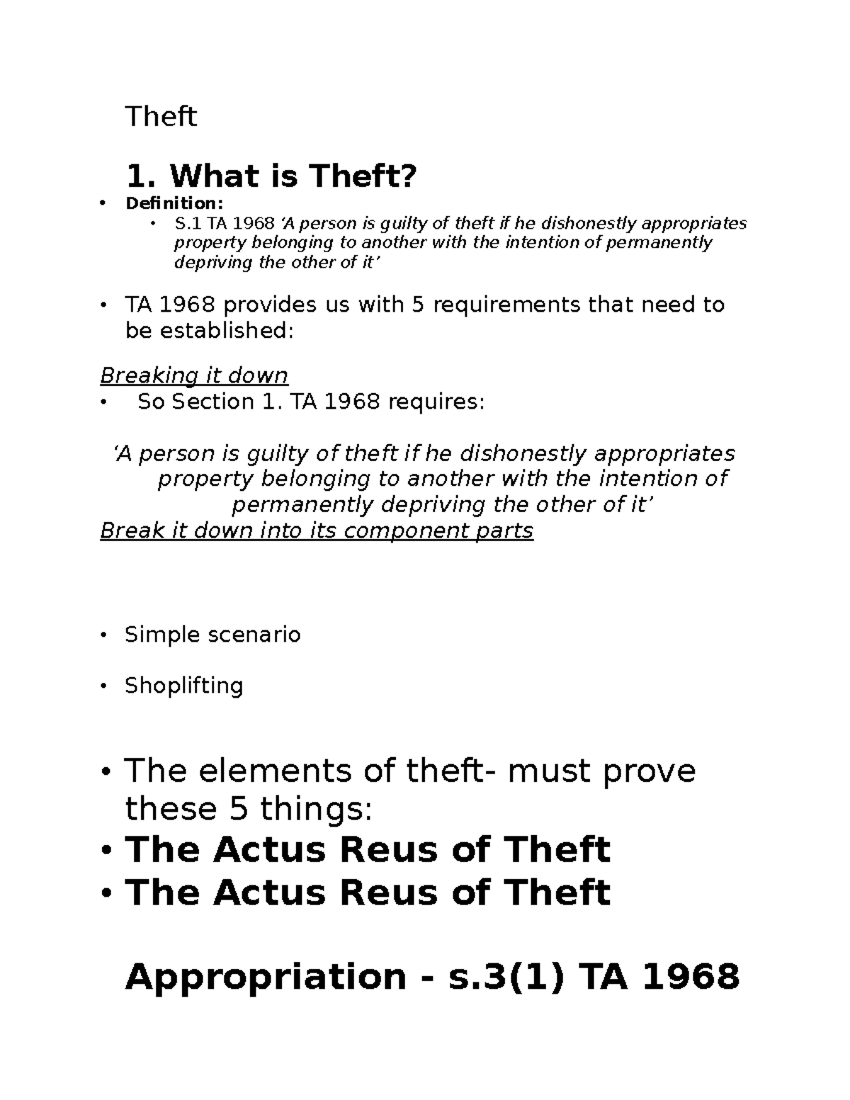 Theft - Theft 1. What is Theft? • Definition: • S TA 1968 ‘A person is ...