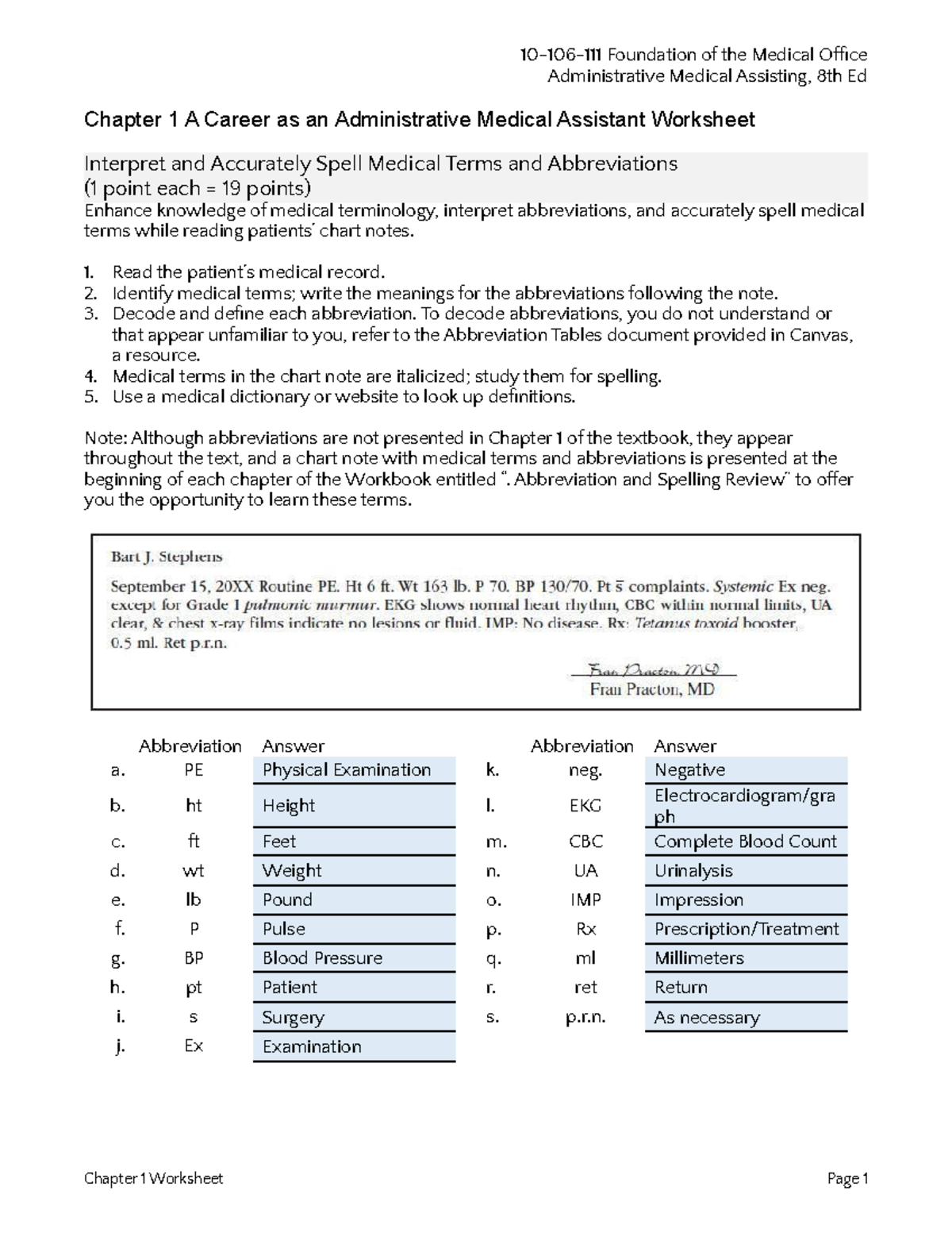 Chapter 1 Worksheet Christianson - 10-106-111 Foundation Of The Medical ...