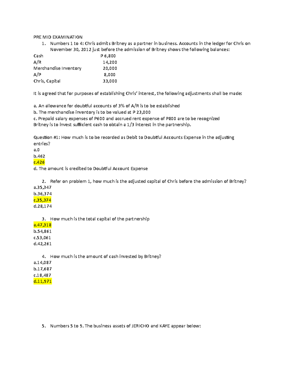 PRE MID Examination IN FAR - PRE MID EXAMINATION Numbers 1 to 4: Chris ...