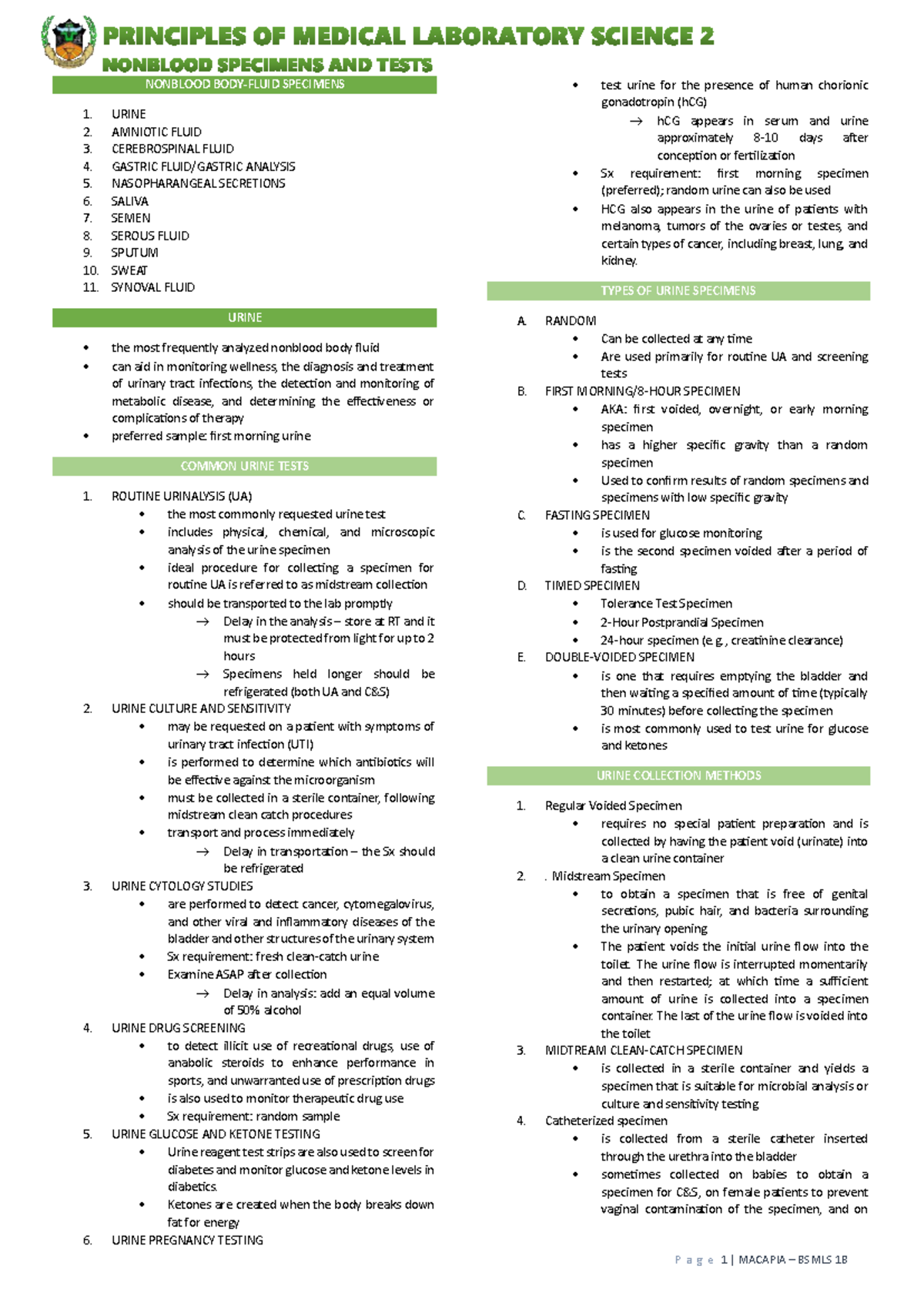 Pmls 2 nonblood specimens P a g e 1 MACAPIA BSMLS 1B NONBLOOD