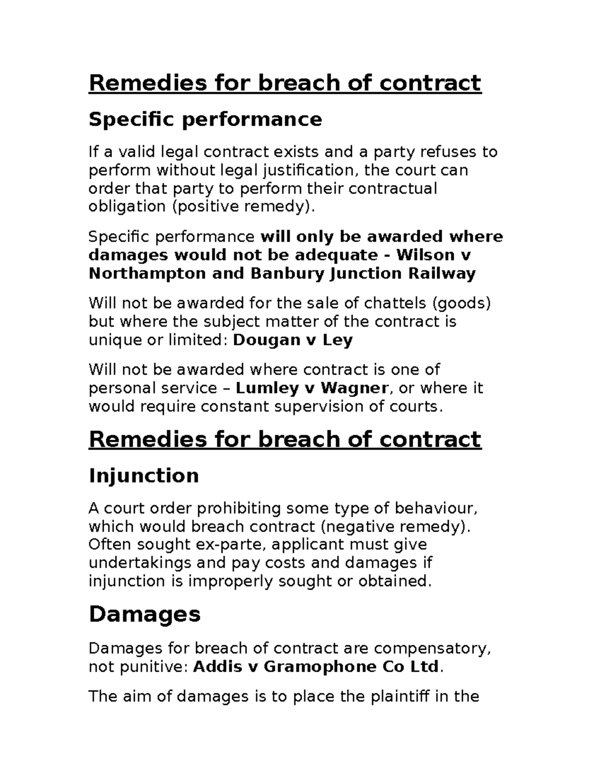 Topic 10,11,12 Remedies Summary - Remedies For Breach Of Contract ...