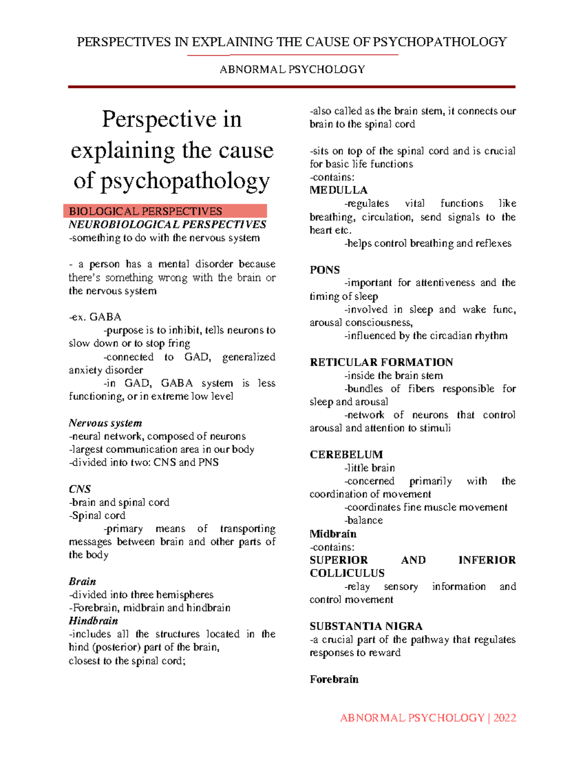 2- Perspectives IN Explaining THE Cause OF Psychopathology - ABNORMAL ...
