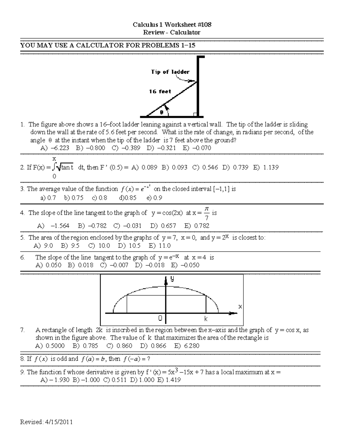 AB ws 108 Review Calculator Calculus 1 Worksheet Studocu