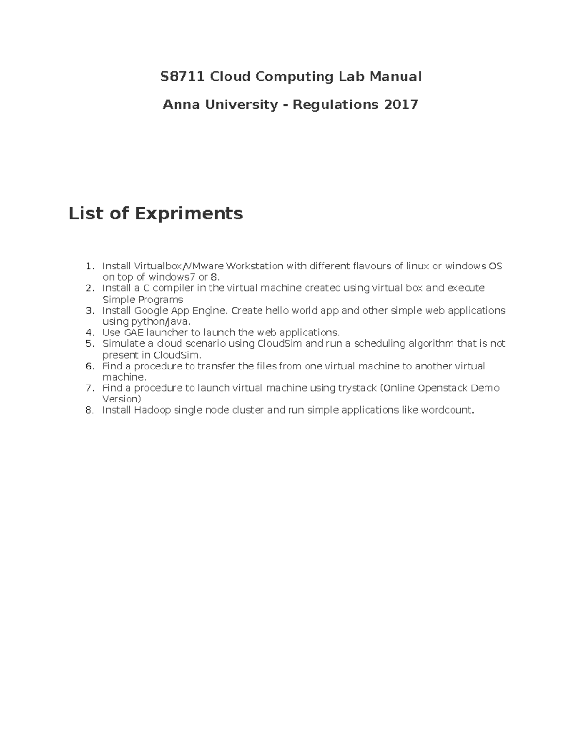 Cloud lab S8711 Cloud Computing Lab Manual Anna University Regulations 2017 List of