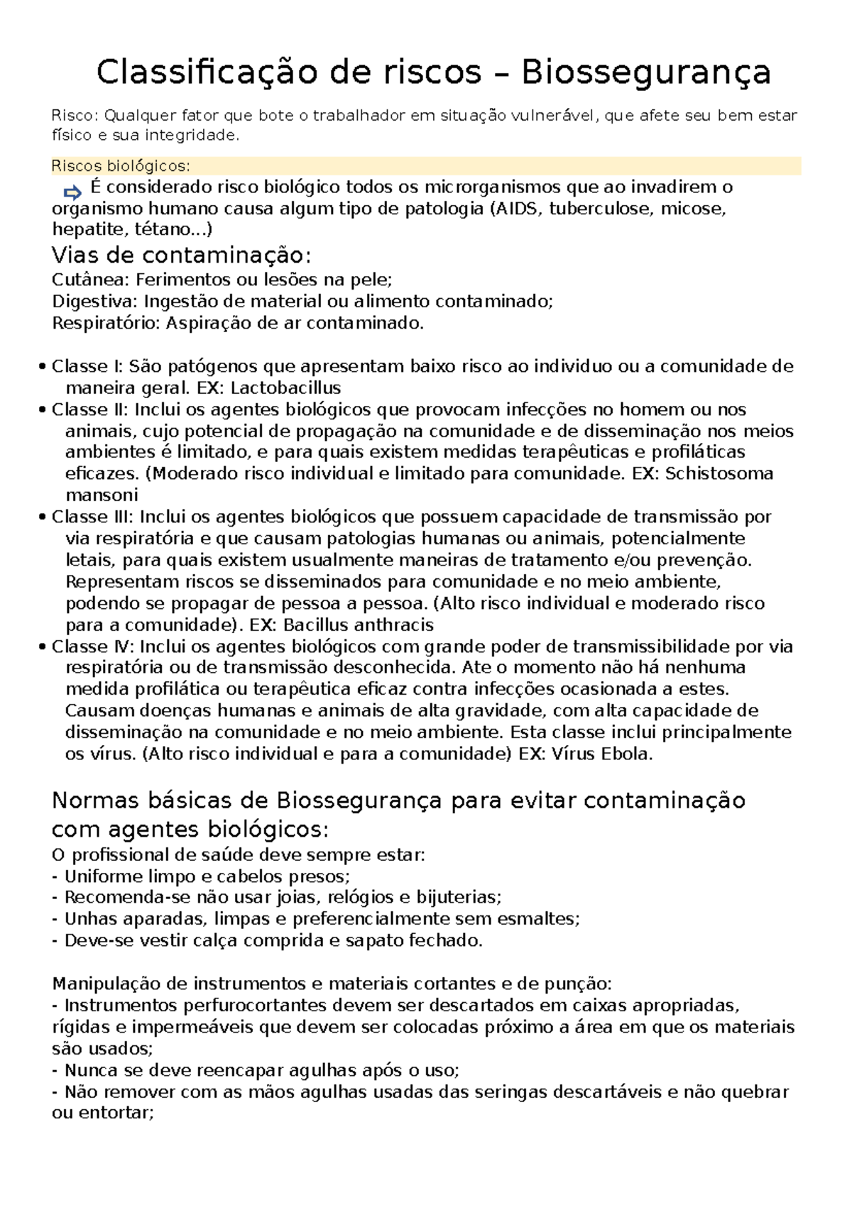 Classificação de riscos - Riscos biológicos: É considerado risco ...