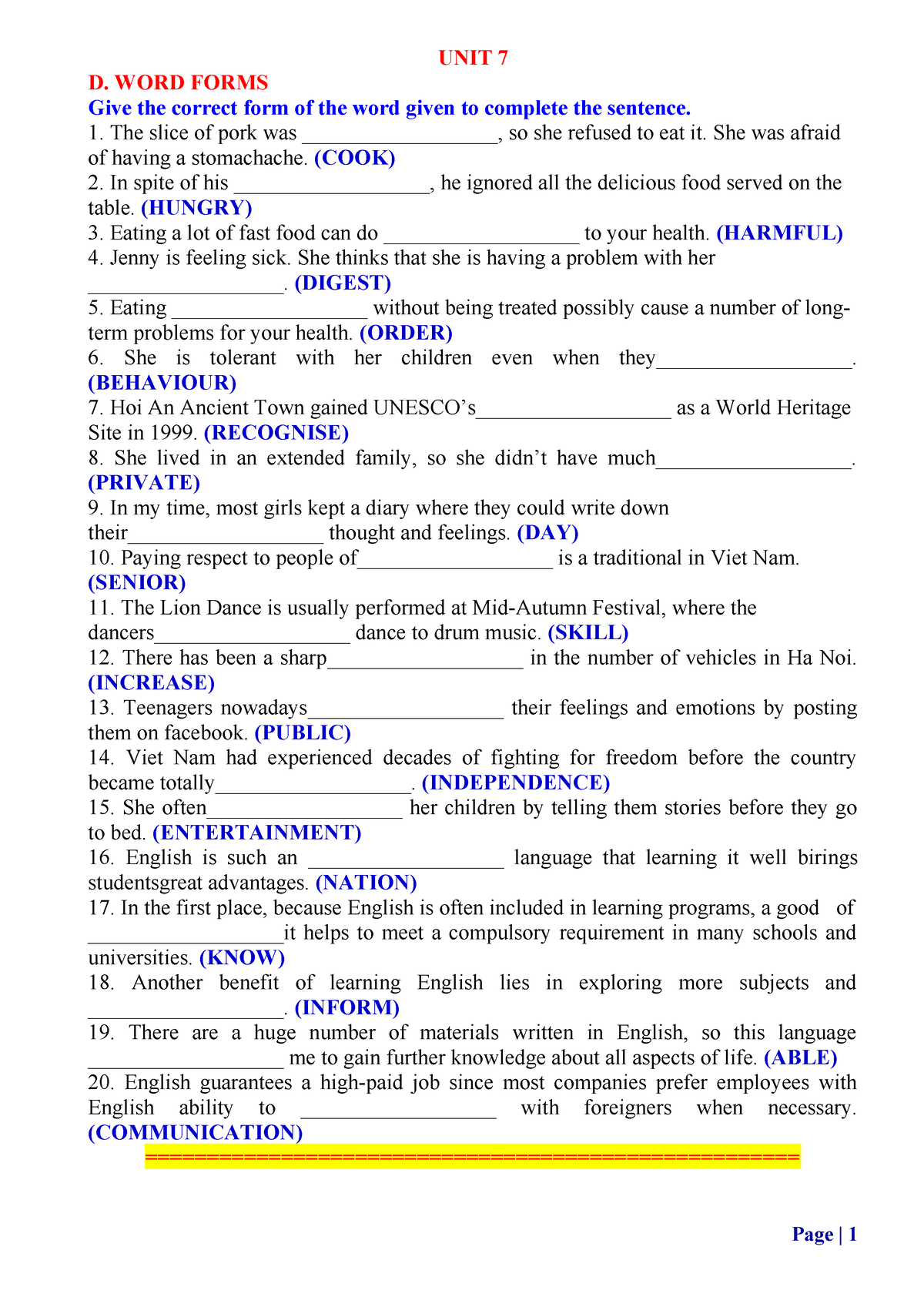 Bài tập Anh 9 theo chuyên đề 4. WORD Forms E9 (UNIT 7-12) - D. WORD ...