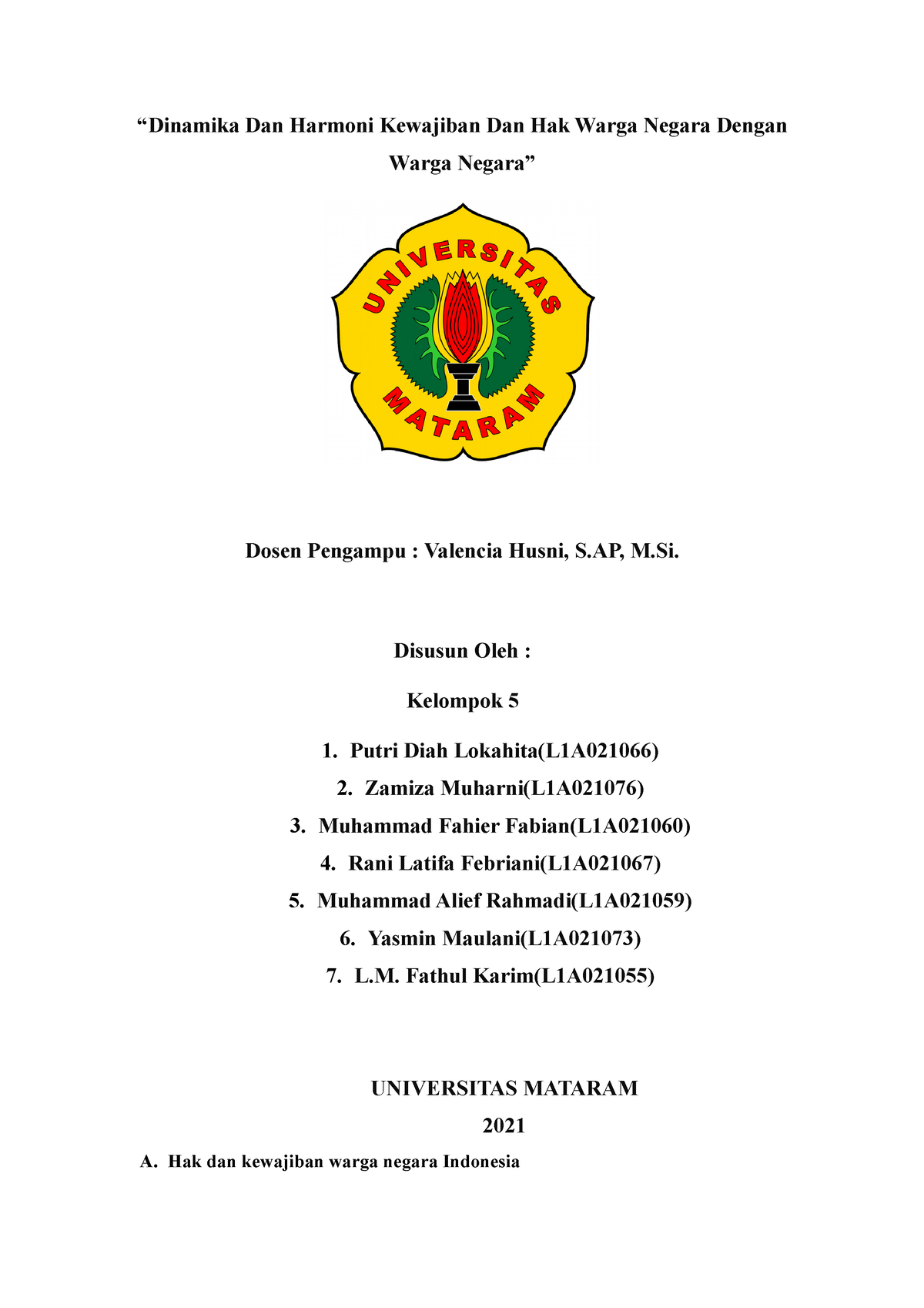 Kelompok 5-1 - Dinamika Dan Harmoni Kewajiban Dan Hak Warga Negara ...