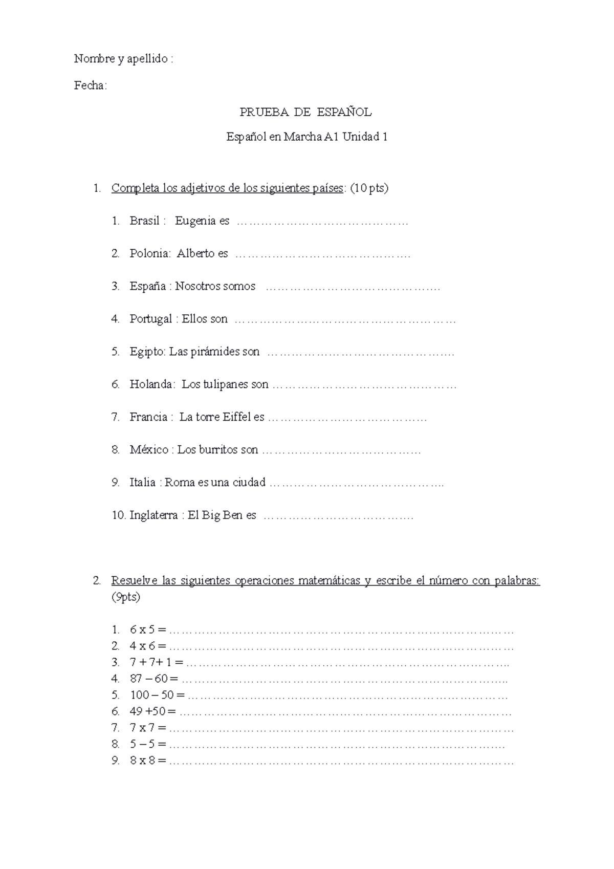 Hiszpañski Gimnazjum Sprawdzian Unidad 1 www.studocu.com