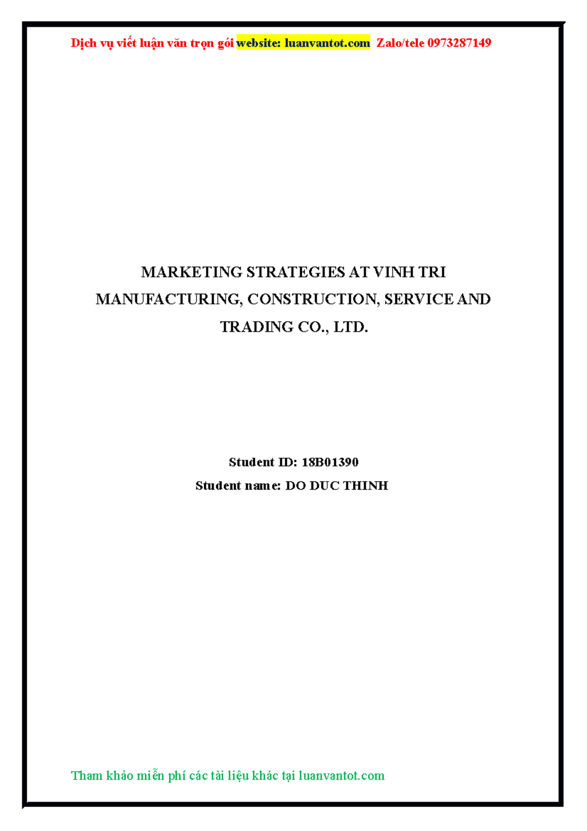 Internship report Marketing strategies at vinh tri manufacturing