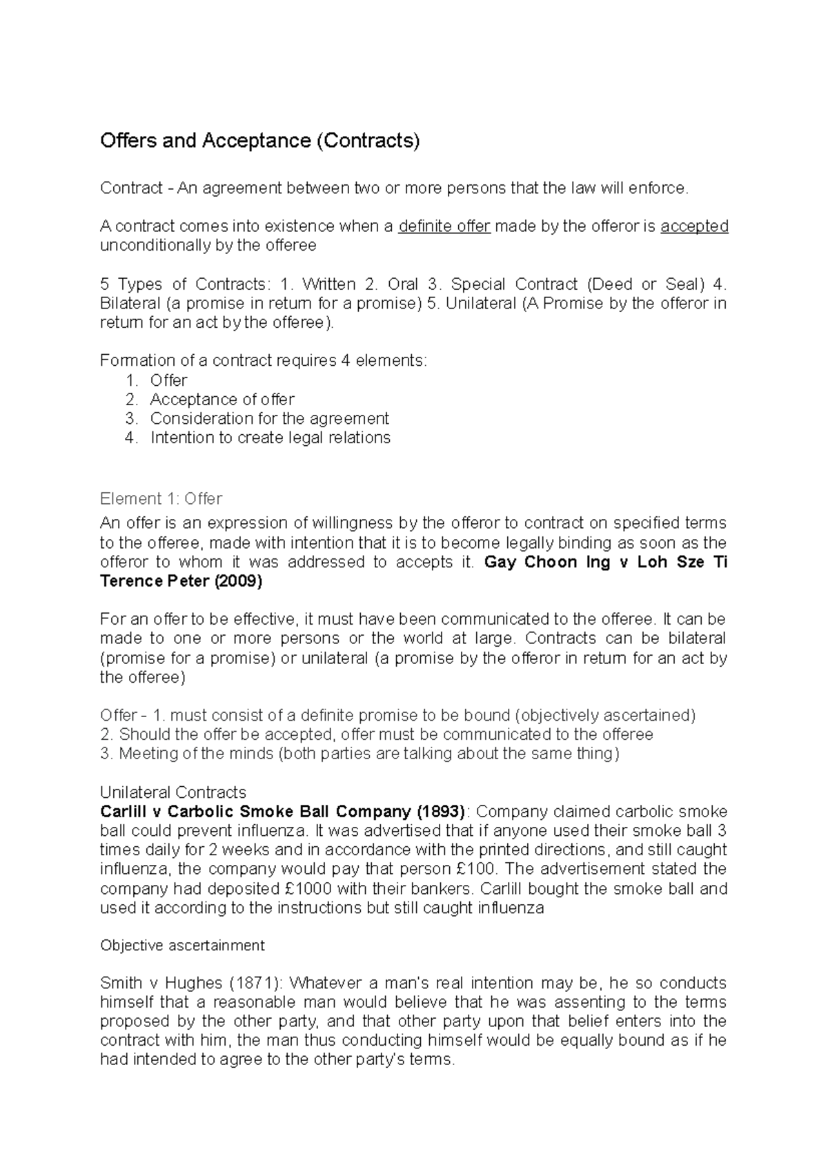 Offers and Acceptance - A contract comes into existence when a definite ...