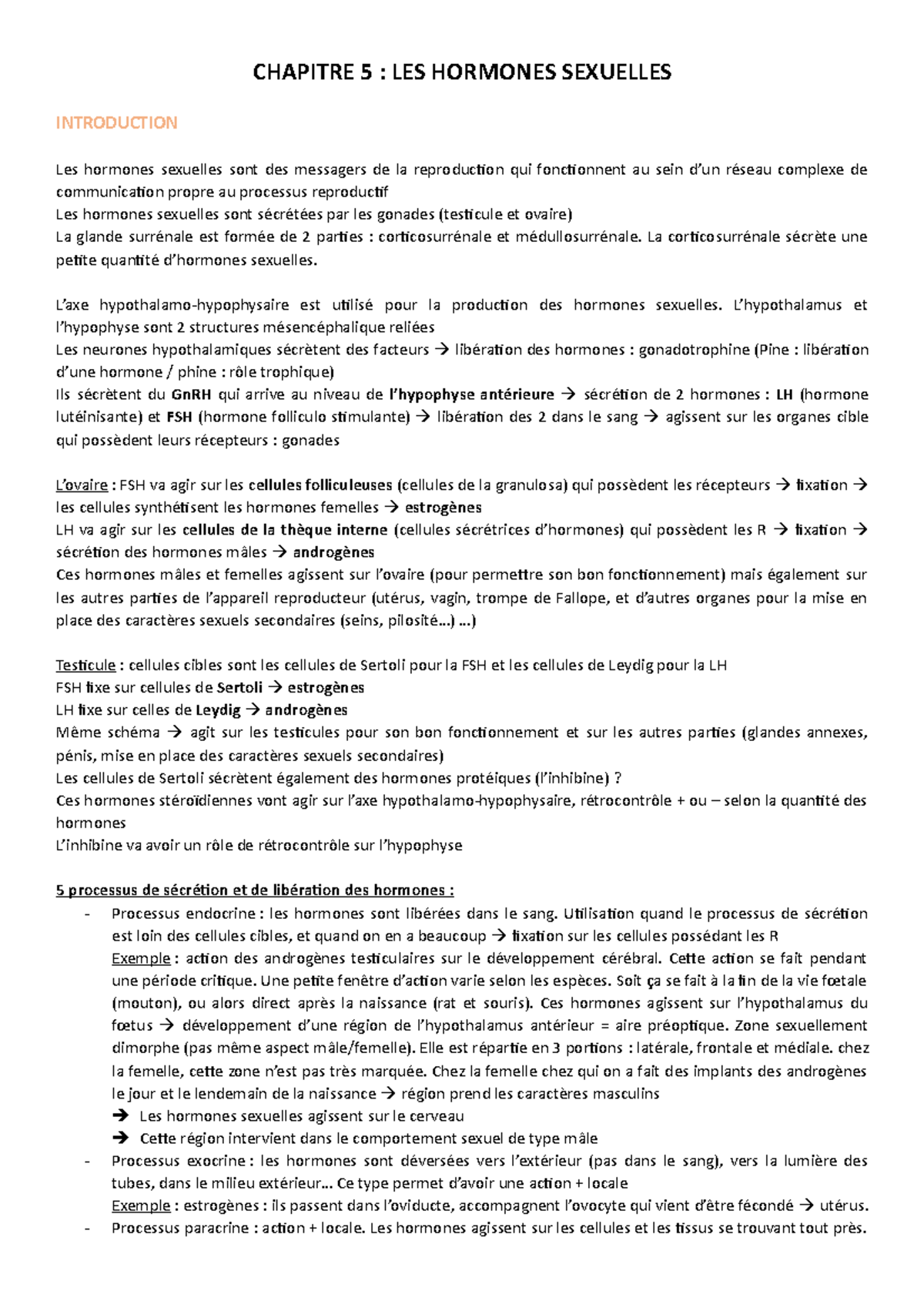 Chapitre 5 - Notes de cours 1 - CHAPITRE 5 : LES HORMONES SEXUELLES ...