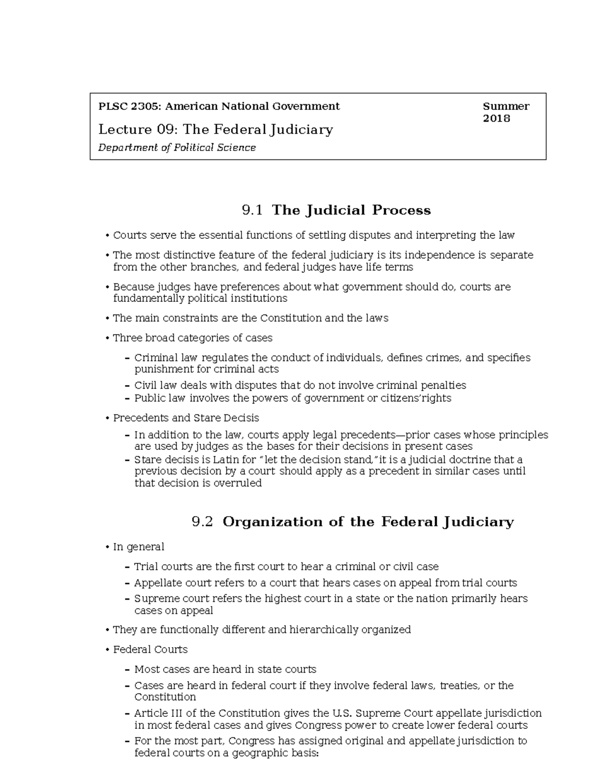 Lect 09 Notes Federal Judiciary ADA - 9 The Judicial Process Courts ...