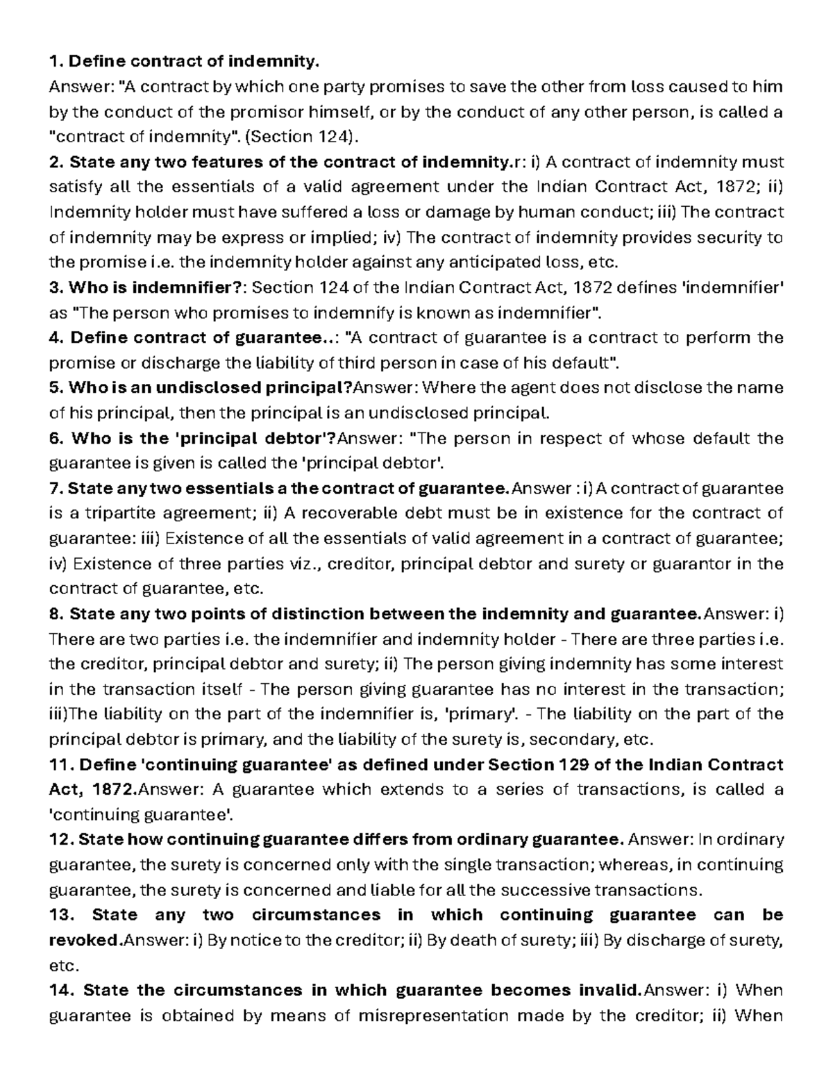 The Indian Contract Act 2 Masrks - Define Contract Of Indemnity. Answer ...