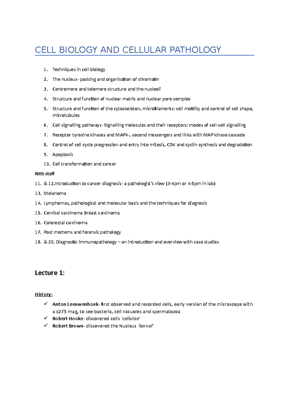 CELL Biology AND Cellular Pathology cheat sheet lecture 1-3 - CELL ...