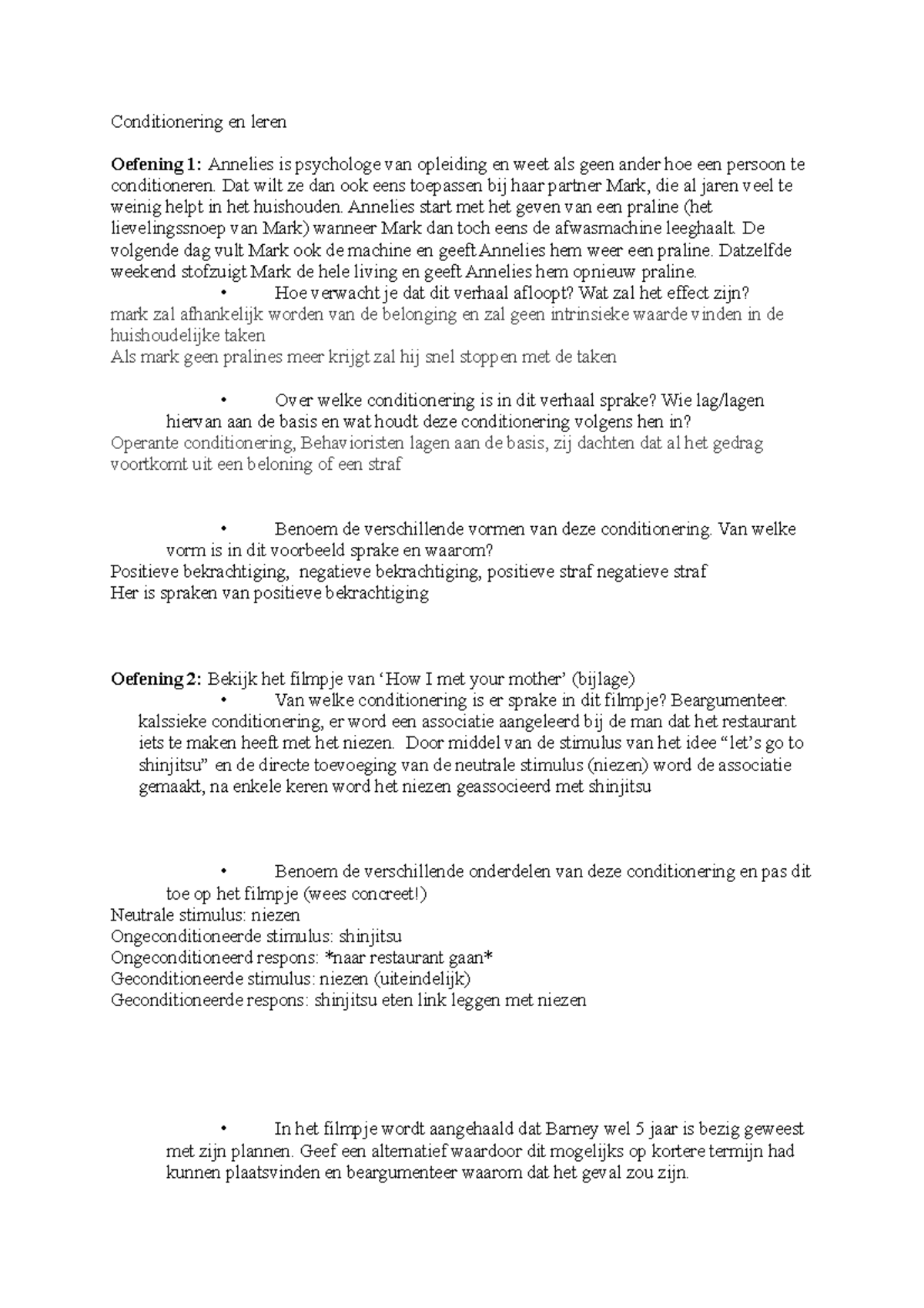 Conditionering en leren oefeningen - Conditionering en leren Oefening 1 ...