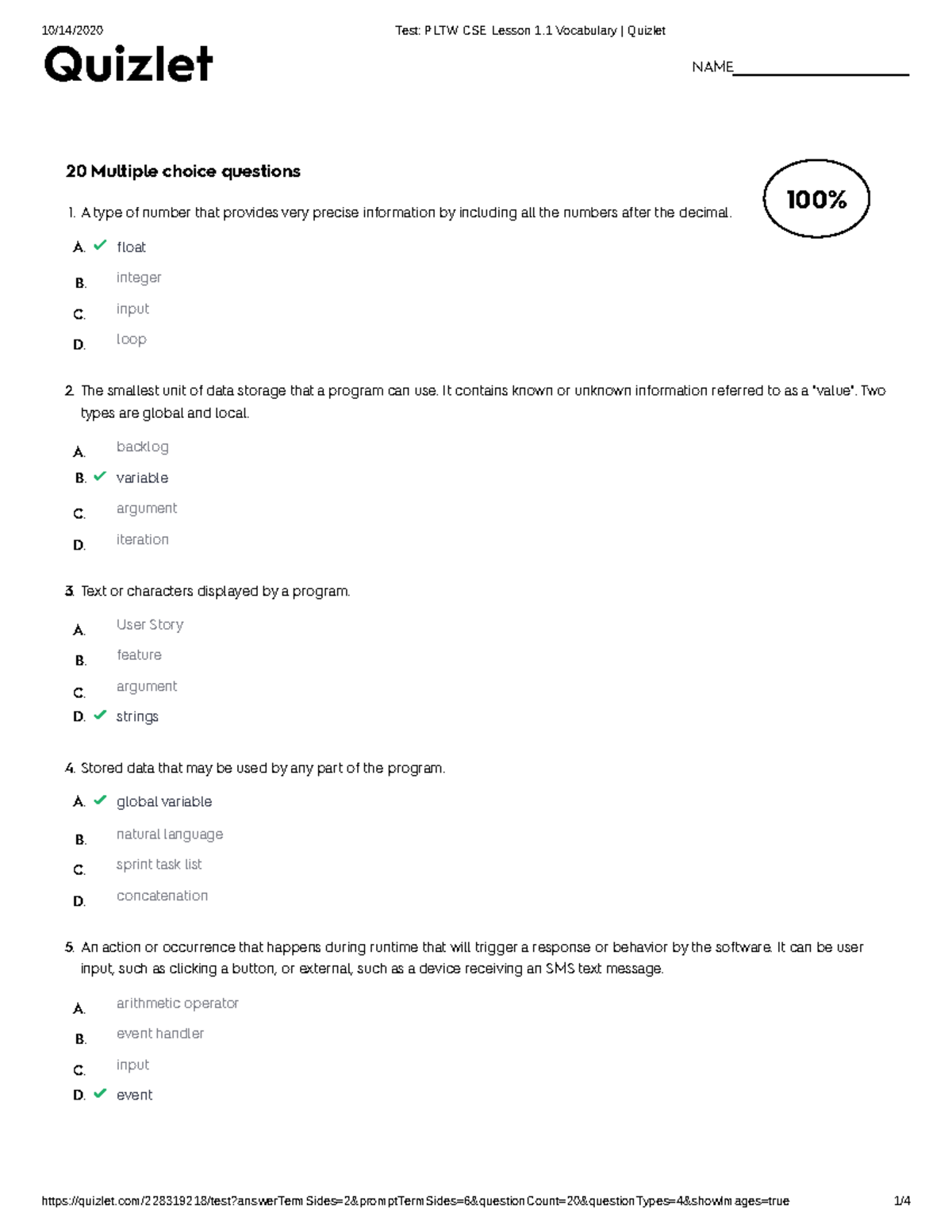 Test PLTW CSE Lesson 1.1 Vocabulary Quizlet 20 Multiple choice