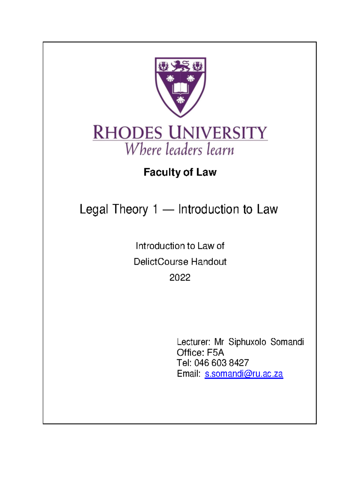 Introduction to law Delict handout 2022 - Faculty of Law Legal Theory 1 ...