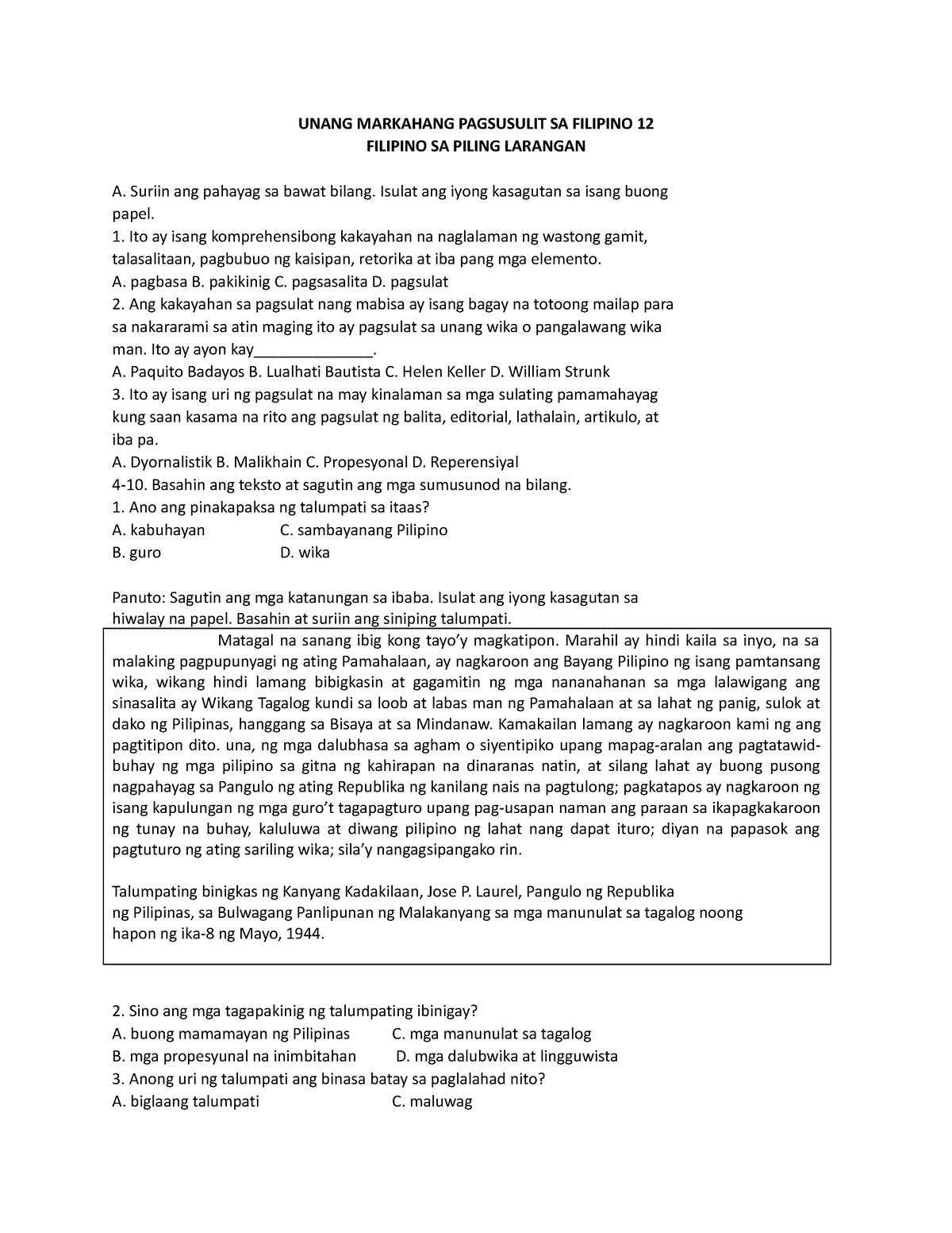 Unang Markahang Pagsusulit SA Filipino 12 - UNANG MARKAHANG PAGSUSULIT ...