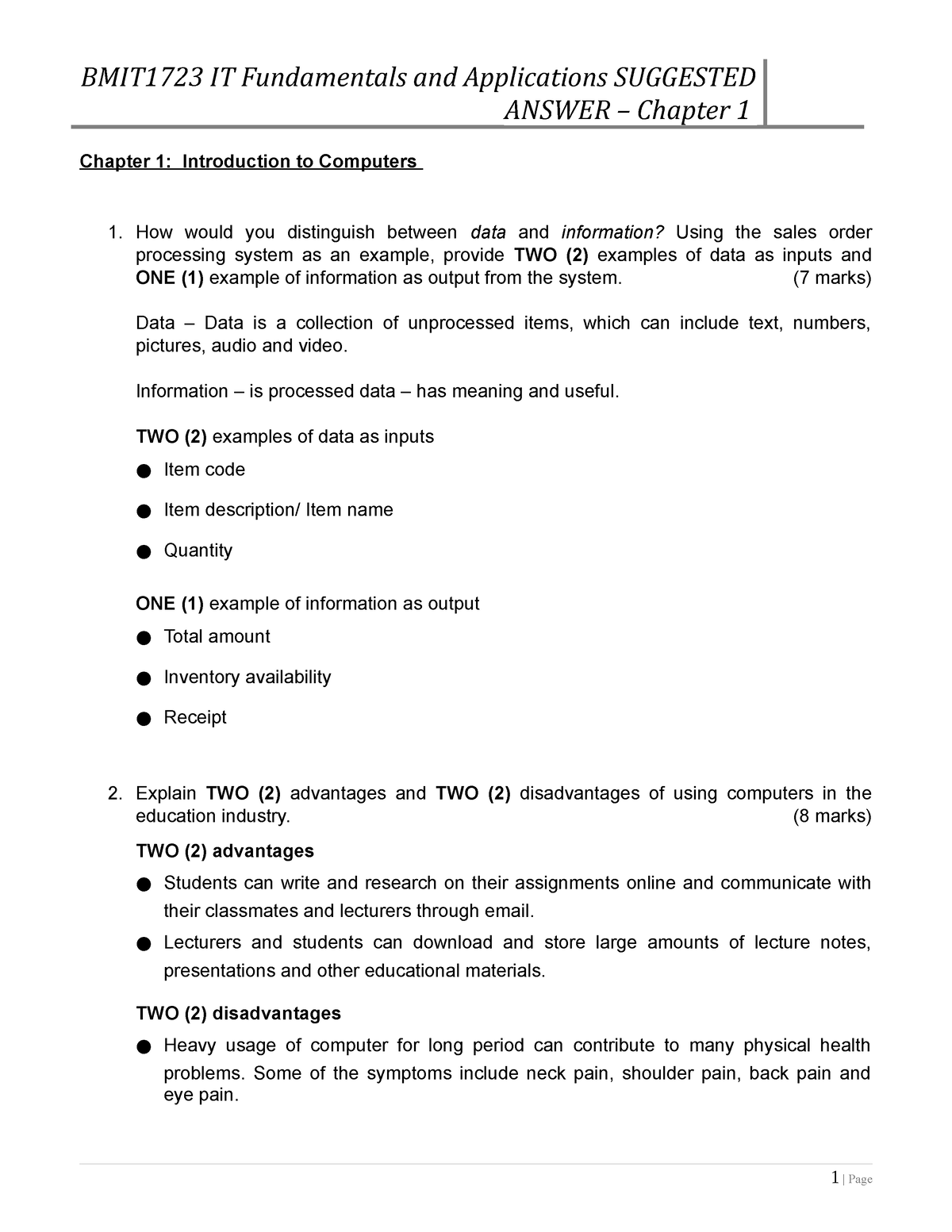 Exercise 1A - Chapter 1 Introduction To Computers - BMIT1723 IT ...