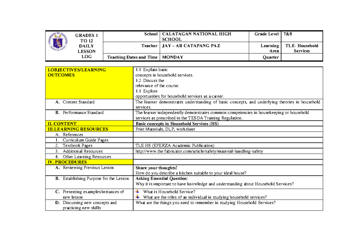 HouseholdTeam 1 Cookery GRADES 1 TO 12 DAILY LESSON LOG School