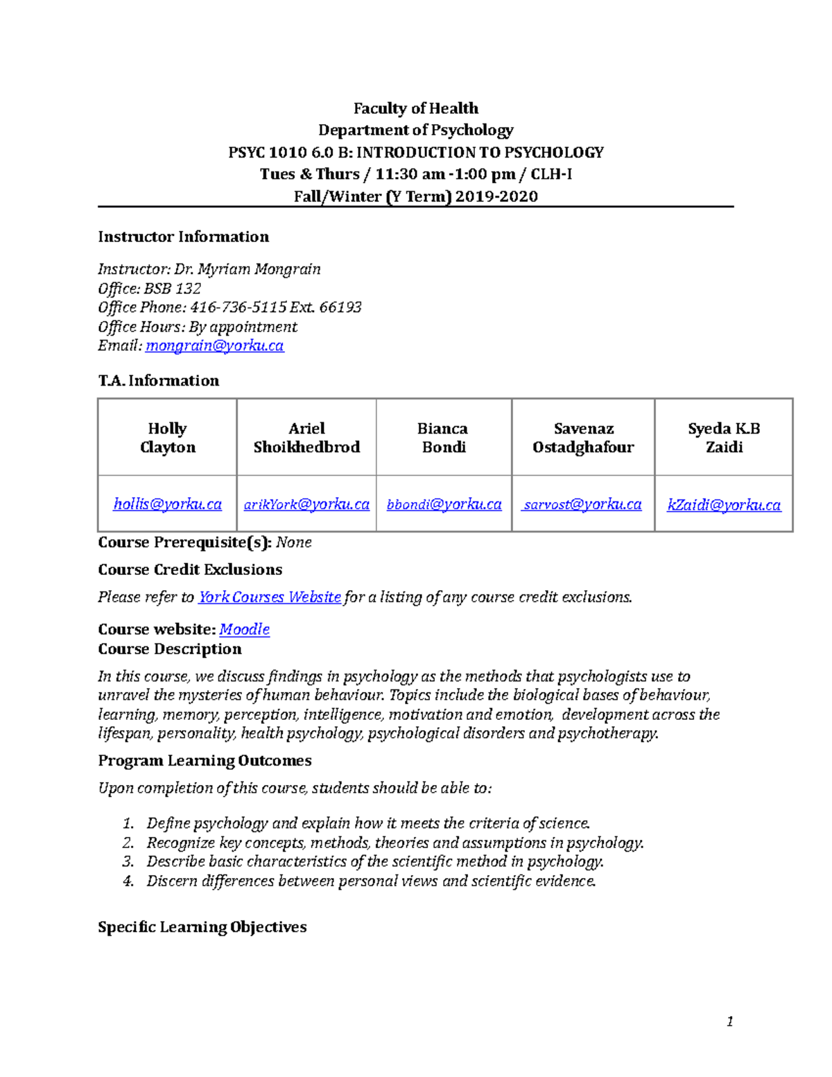 PSYC 1010 B Syllabus- 2019-2020 - Faculty Of Health Department Of ...