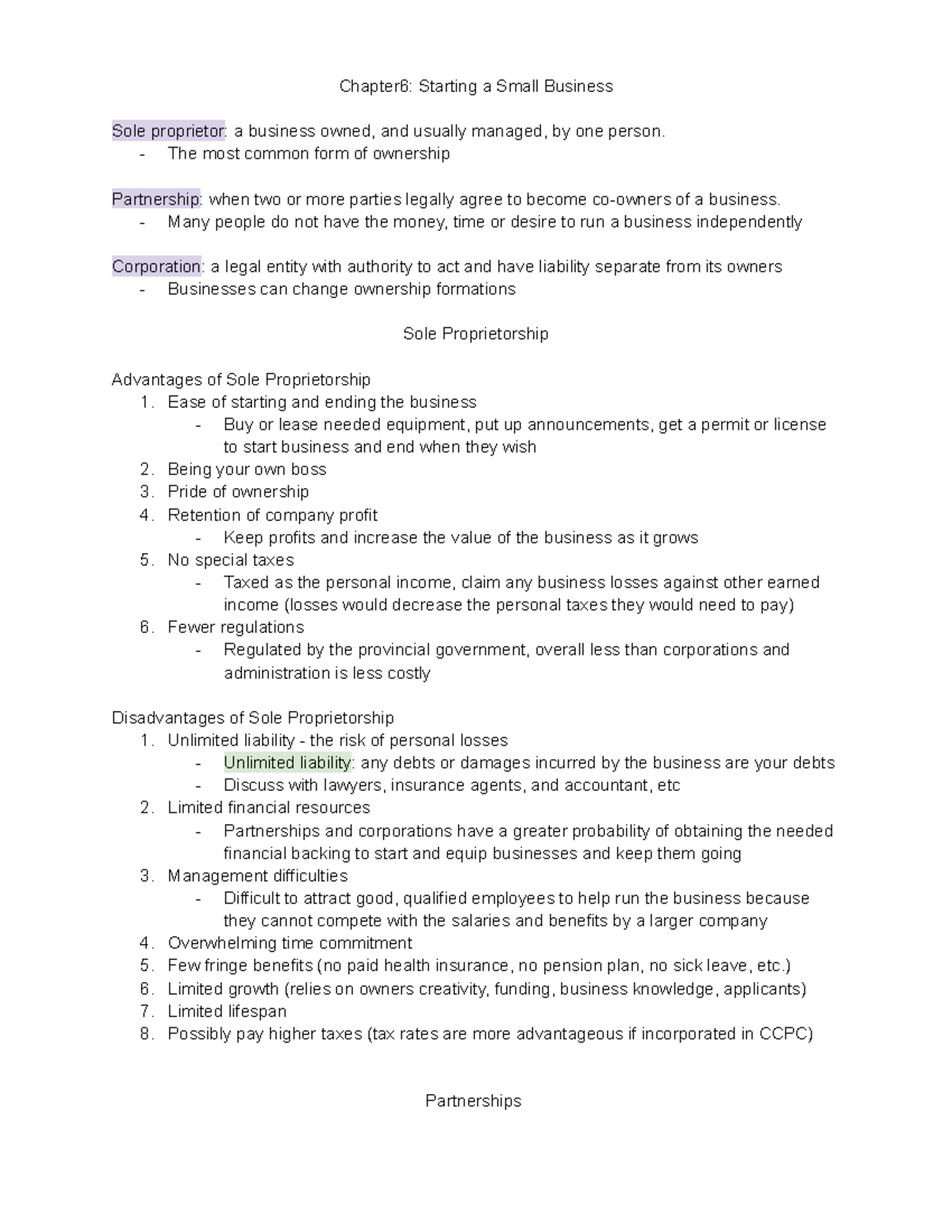Chapter 6 - good - Chapter6: Starting a Small Business Sole proprietor ...