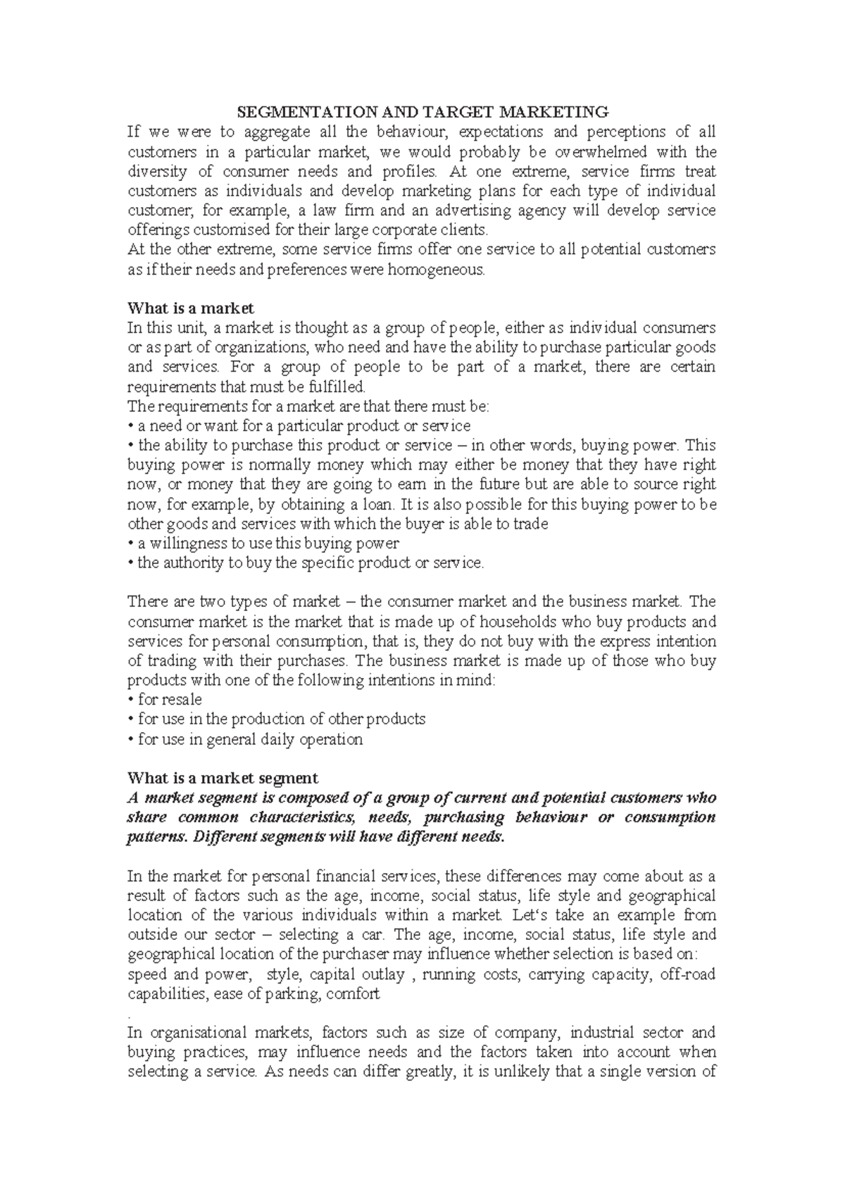 Market Segmentation - summary notes - SEGMENTATION AND TARGET MARKETING ...