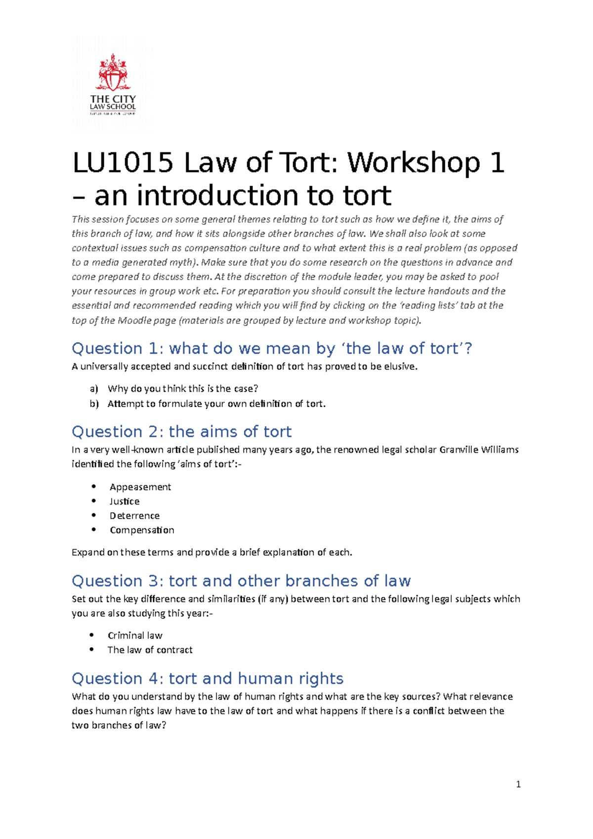 Tort LU1015 WS 1 Intro - Lecture Notes - LU1015 Law Of Tort: Workshop 1 ...