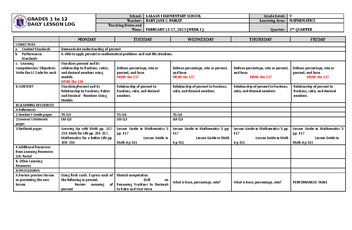 Mathematics 5 Q3 W1 - DLL - GRADES 1 to 12 DAILY LESSON LOG School ...