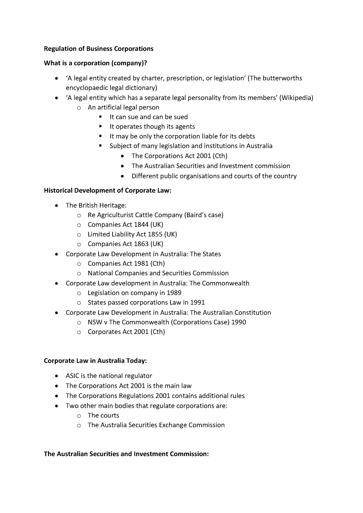 Corporation Law Lecture Notes - Regulation of Business Corporations ...