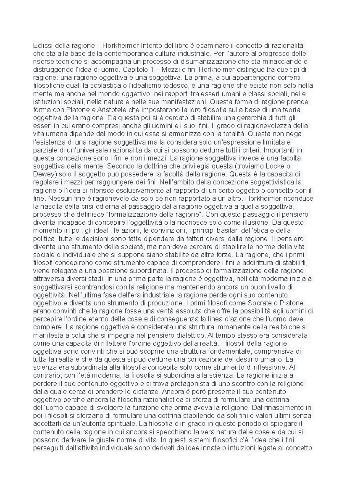 Eclissi della ragione riassunto hegel Eclissi della ragione