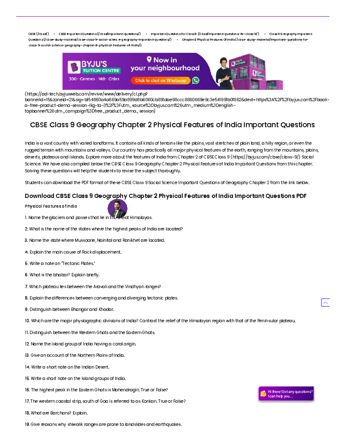 CBSE Class 9 Geography Chapter 2 Physical Features of India Important ...