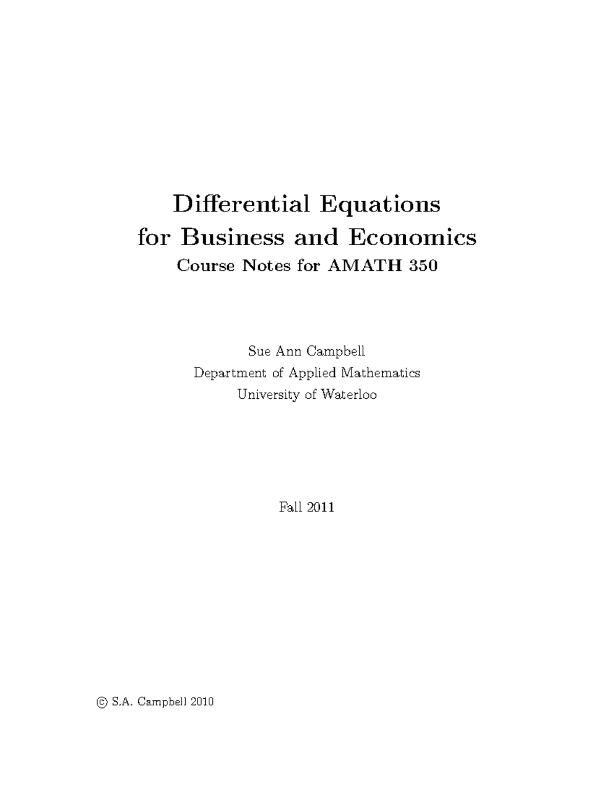 Amath 350 - Summary Diff Equ for Bus and Econ - Differential Equations ...