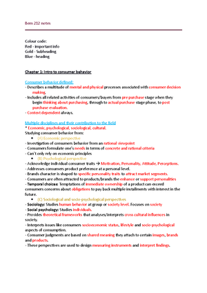 BEM 212 Notes-2 - Notes - BEM 212 Consumer Behaviour Chapter 2 ...