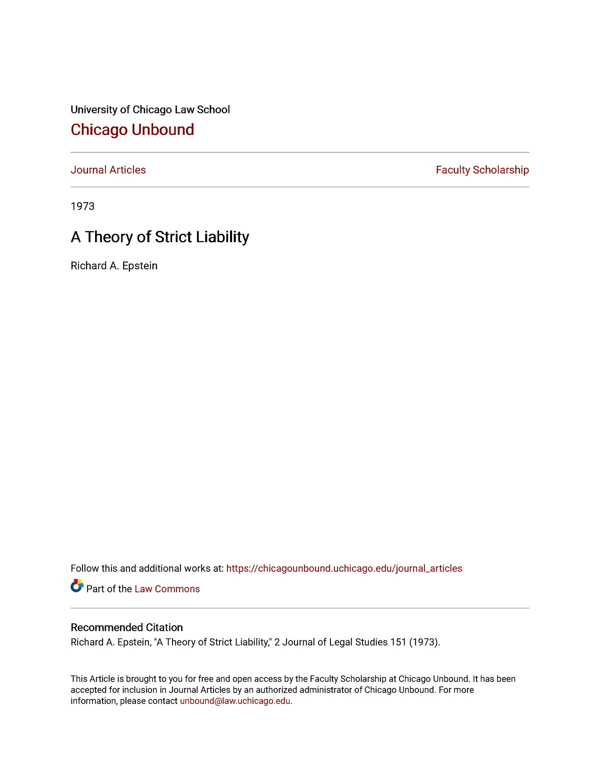 A Theory of Strict Liability University of Chicago Law