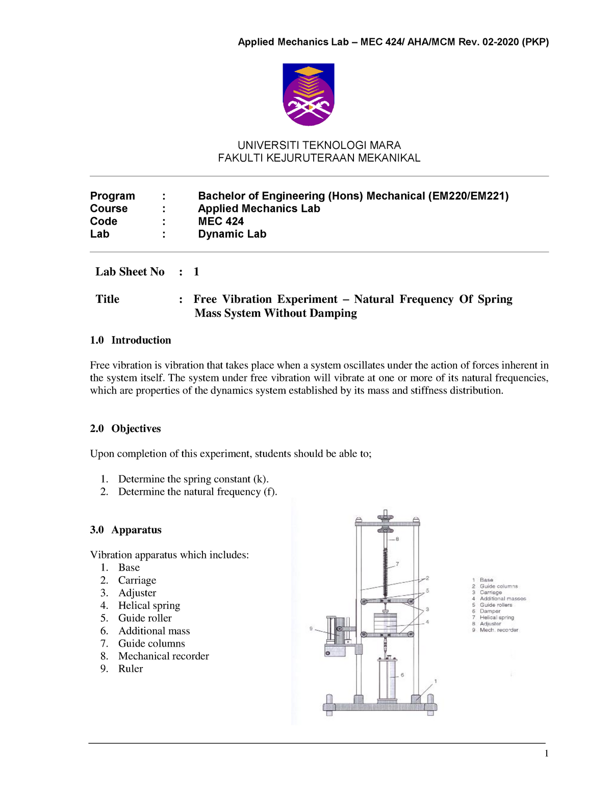 free vibration experiment lab report uitm