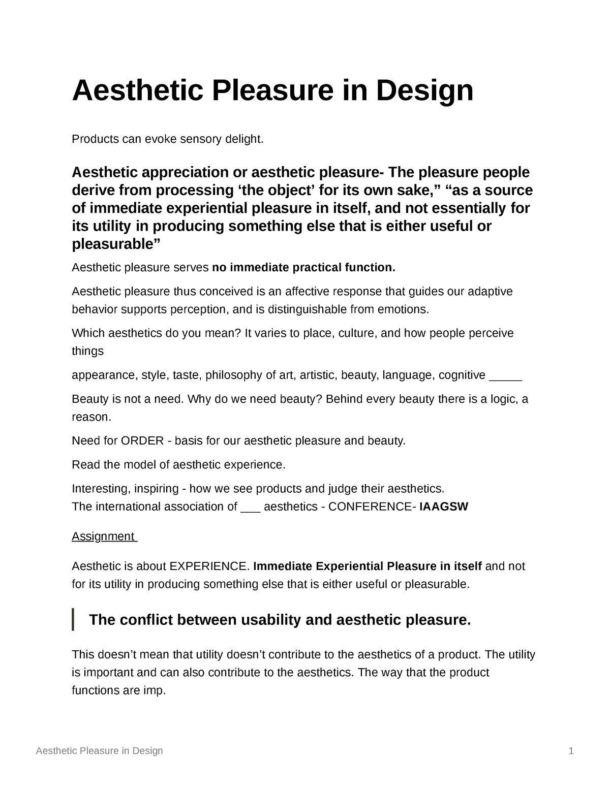 Aesthetic Pleasure in Design Aesthetic Pleasure in Design Products