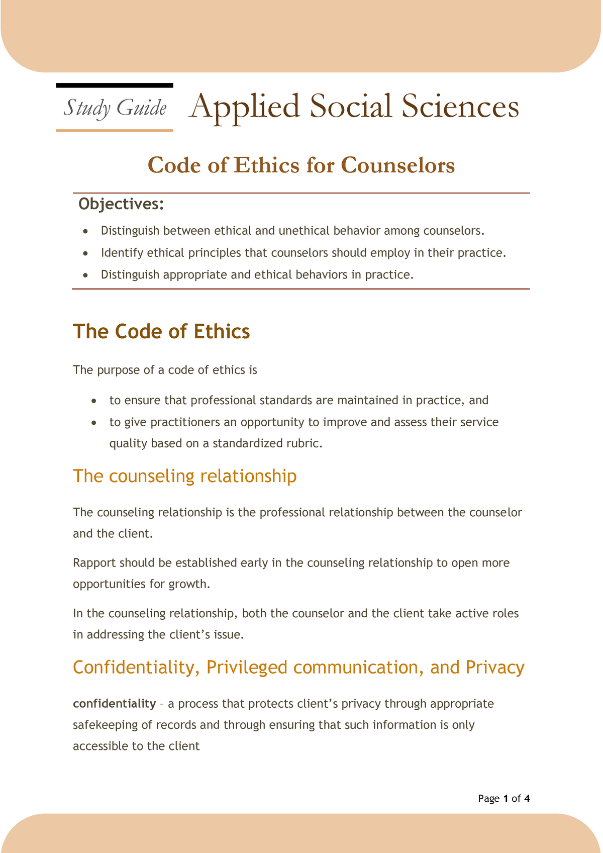 subject PSYCHOLOGY topic CODE OF ETHICS FOR COUNSELORS type