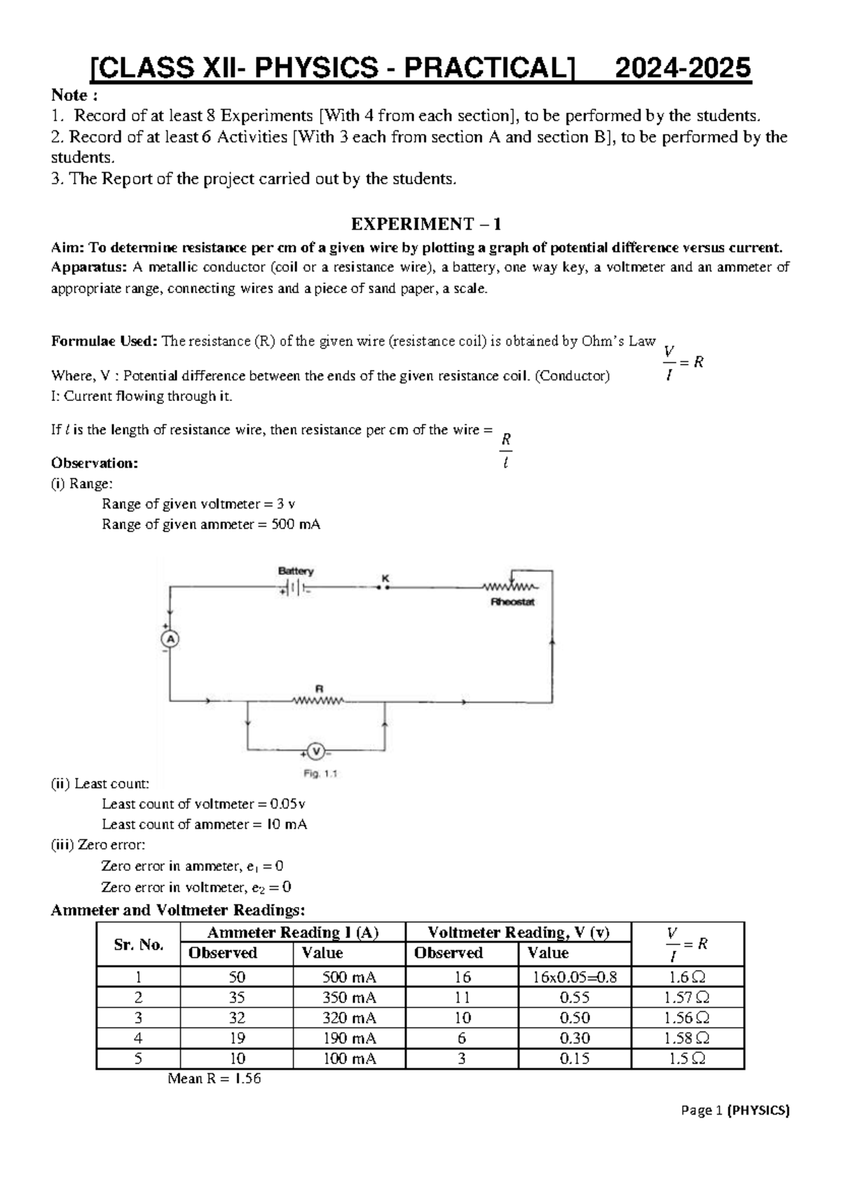 XII PHY Practical observation 2024 25 - [CLASS XII- PHYSICS - PRACTICAL ...