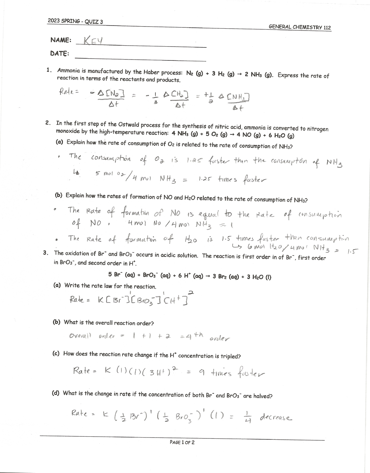 2023 Sp - Chem 112 - Quiz 3 - Kinetics - Key - CHEM 112 - Studocu