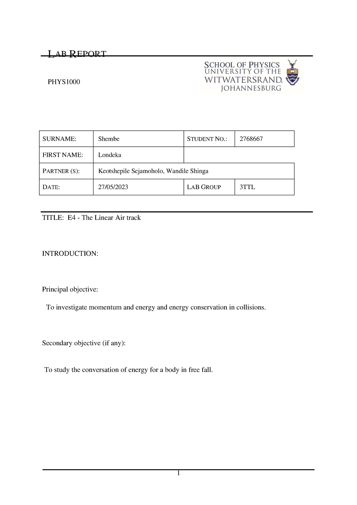 EXP04 - Linear Air Track - Lab Report Template - SURNAME: Shembe ...