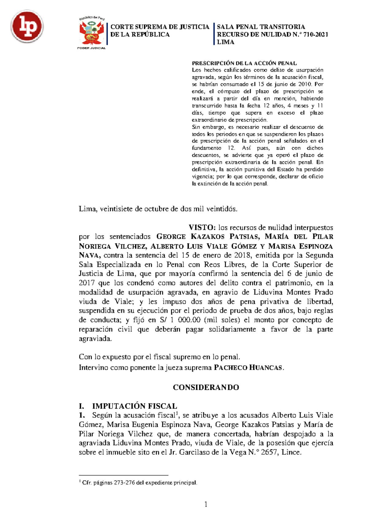 Recurso Nulidad 710 2021 Lima LPDerecho - DE LA REPÚBLICA RECURSO DE ...