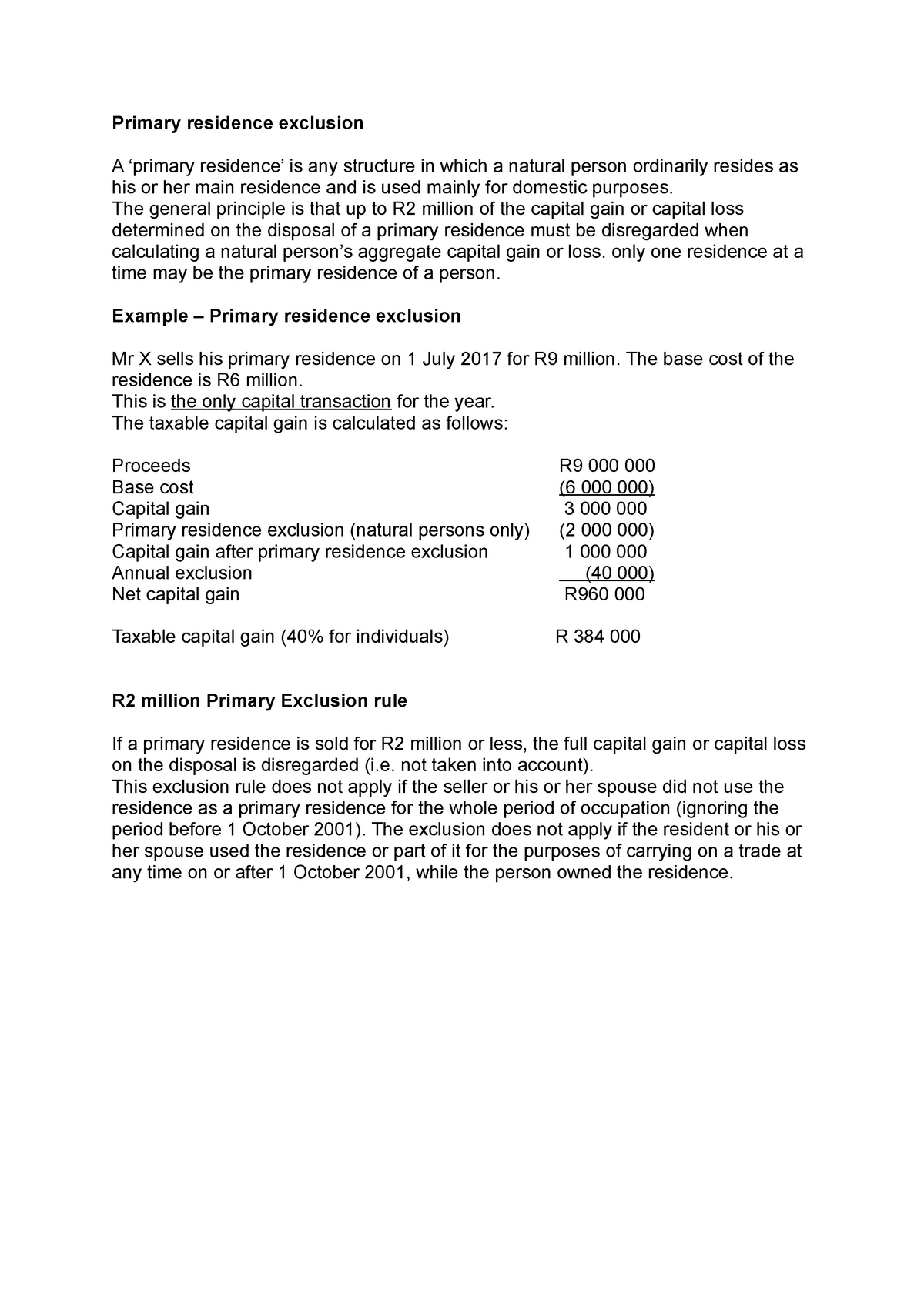 Primary residence exclusion example CGT Primary residence exclusion