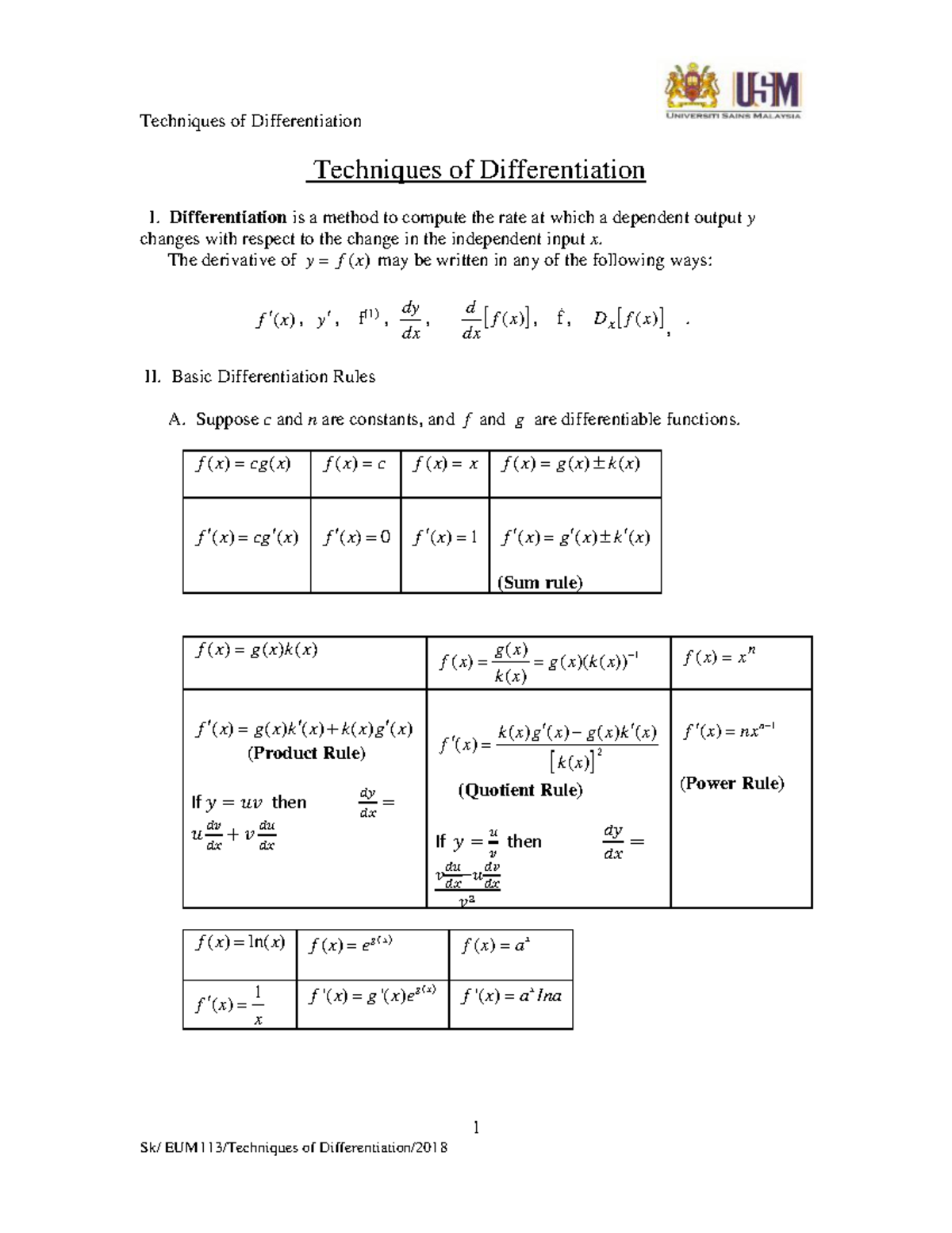 Lecture 1 Techniques Of Differentiation Simple 2019 - 1 Techniques Of ...