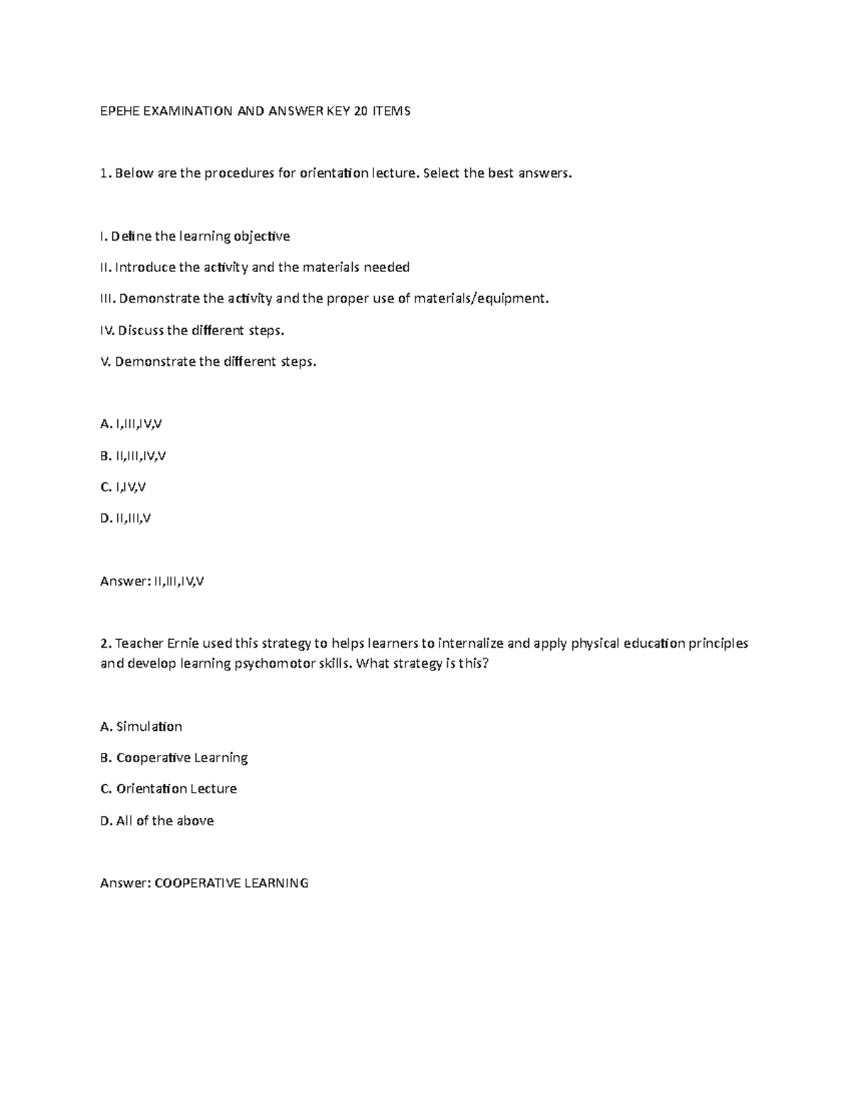 EPEH 321 Examination - Physical Education - EPEHE EXAMINATION AND ...