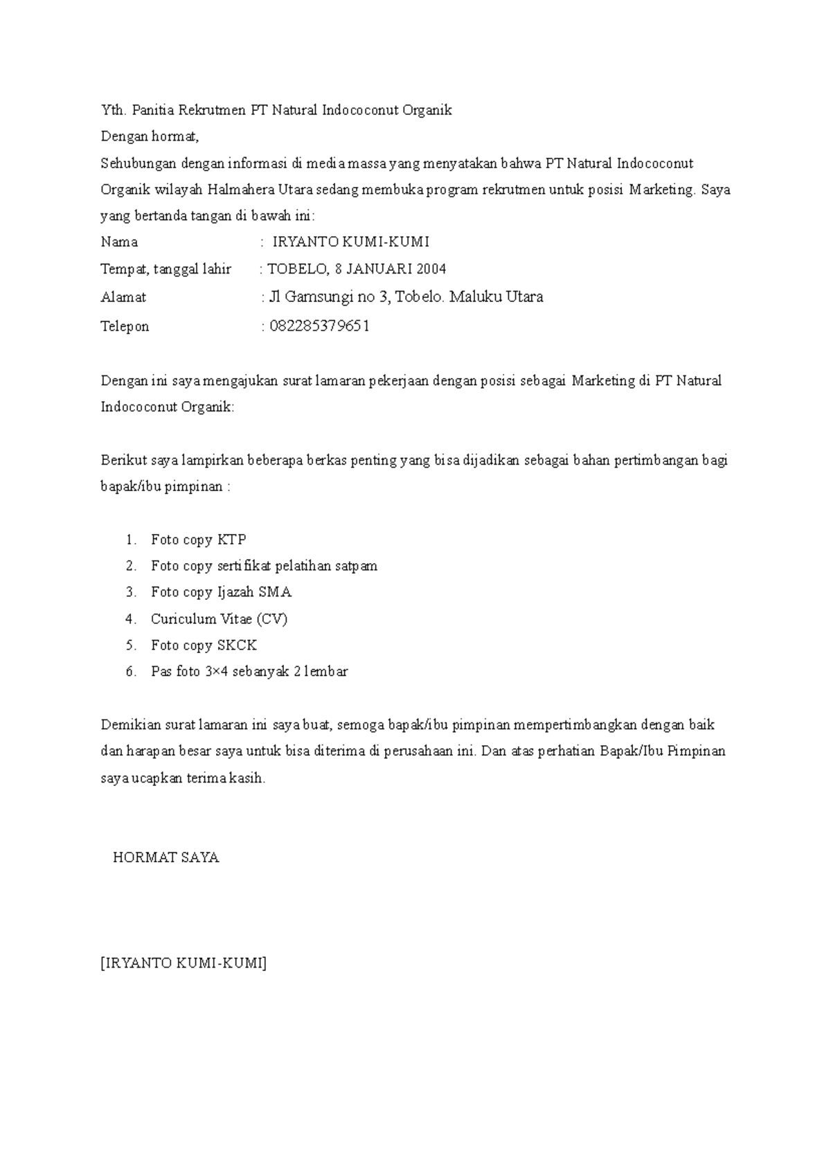 Surat Lamaran Yanto ( NEW Version ) - Yth. Panitia Rekrutmen PT Natural