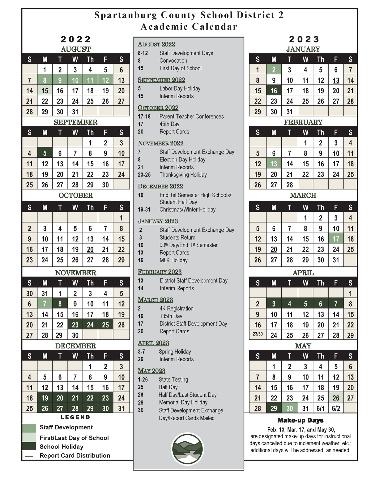 22 23 Academic Calendar Front and Back Spa r ta nburg Co unty Scho ol