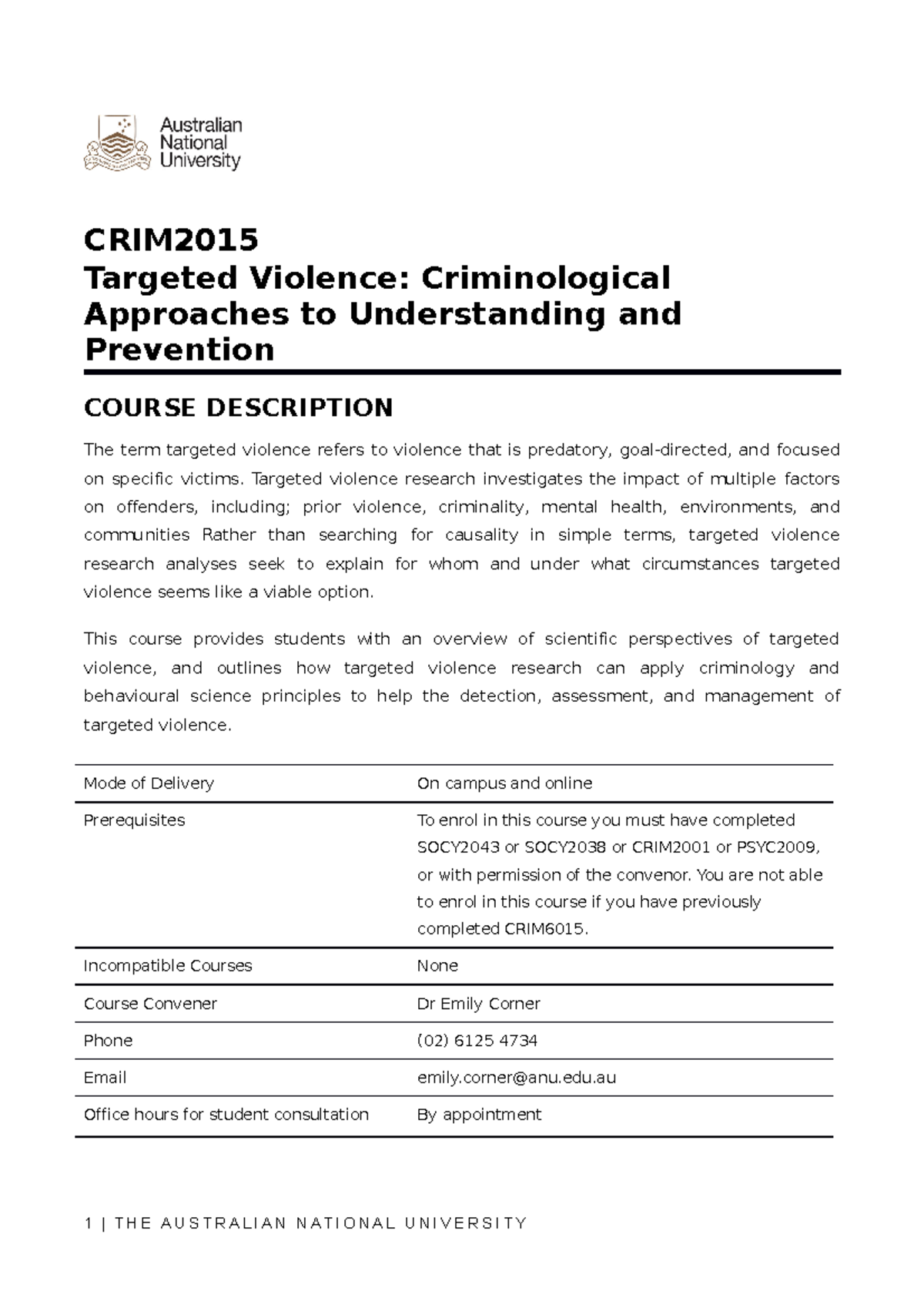 Course Outline CRIM2015 S22023 - CRIM Targeted Violence: Criminological ...